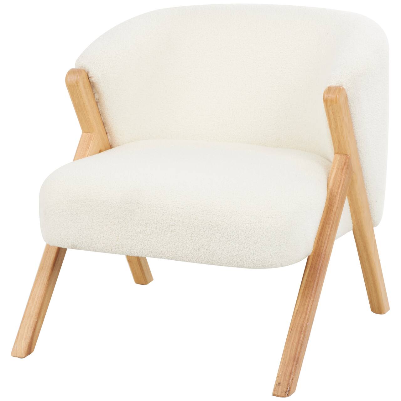 White Polyester Rounded Boucle Accent Chair with Angled Wooden Legs